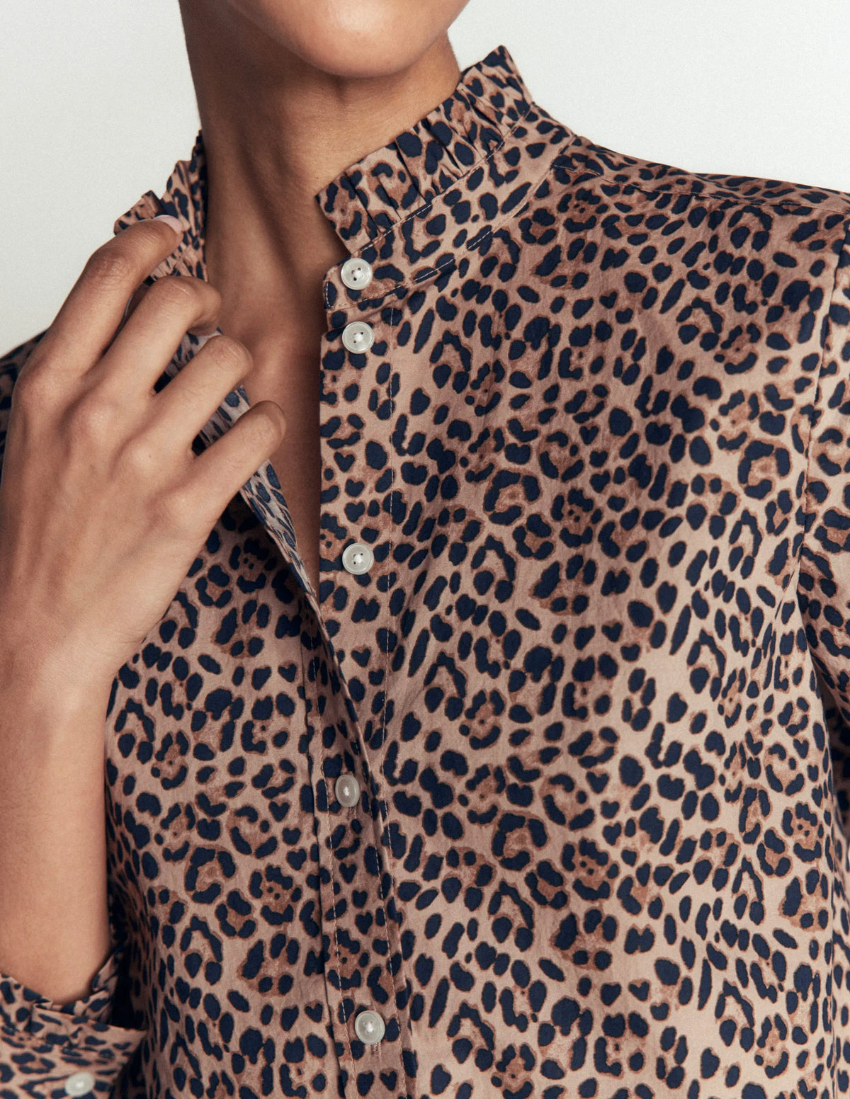 Sienna Frill Cotton Shirt-Demerara, Brushed Animal