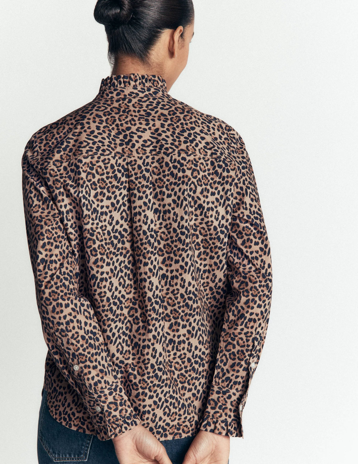 Sienna Frill Cotton Shirt-Demerara, Brushed Animal