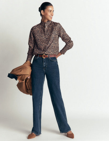 Sienna Frill Cotton Shirt-Demerara, Brushed Animal