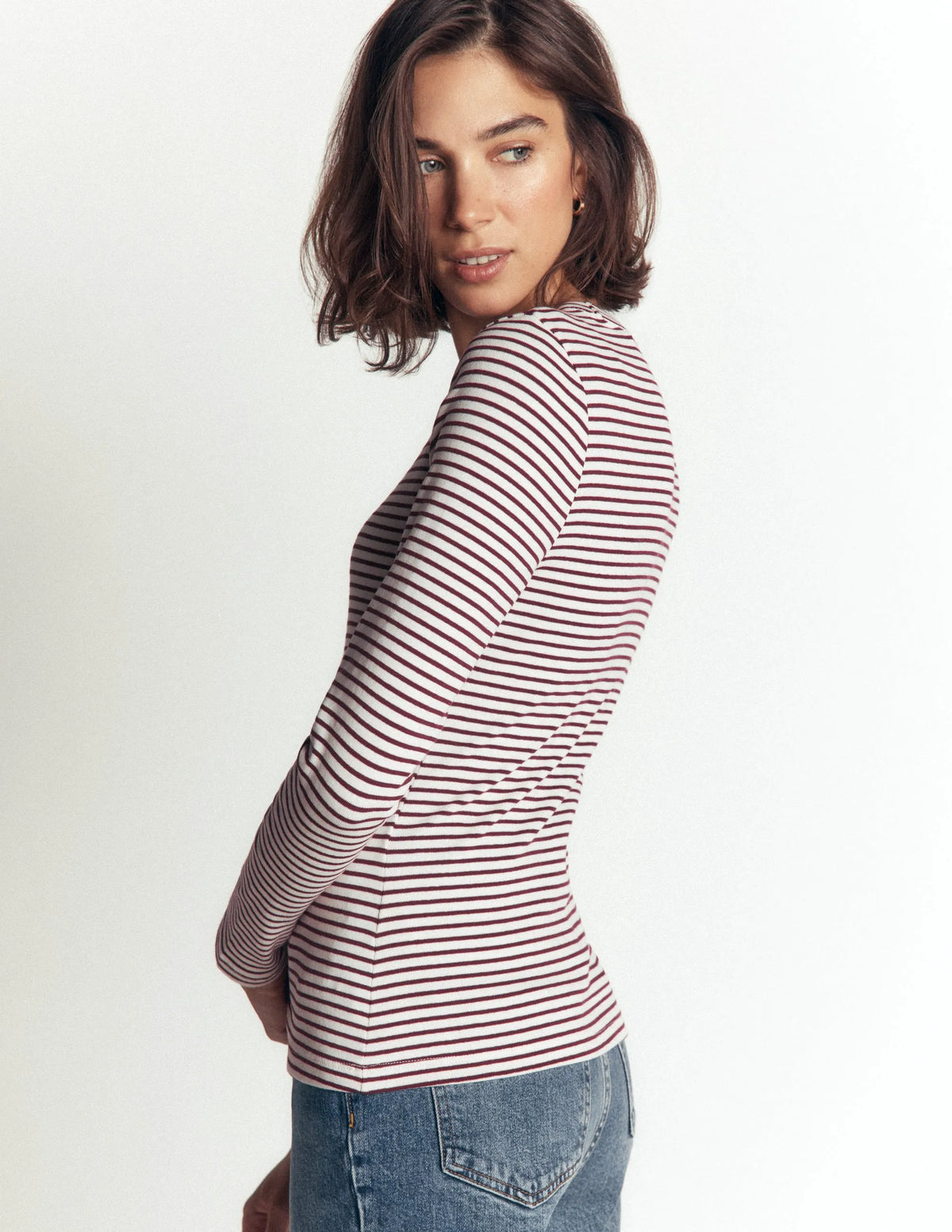 Annie Essential Crew Neck Top-Deep Wisteria and Ivory Stripe
