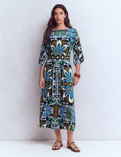 Imelda Kimono Jersey Dress-Navy, Bloom Tapestry