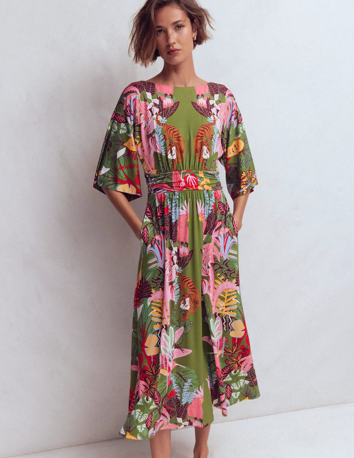 Imelda Kimono Jersey Dress-Olive, Tropical Safari
