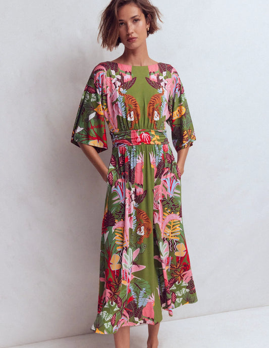 Imelda Kimono Jersey Dress-Olive, Tropical Safari