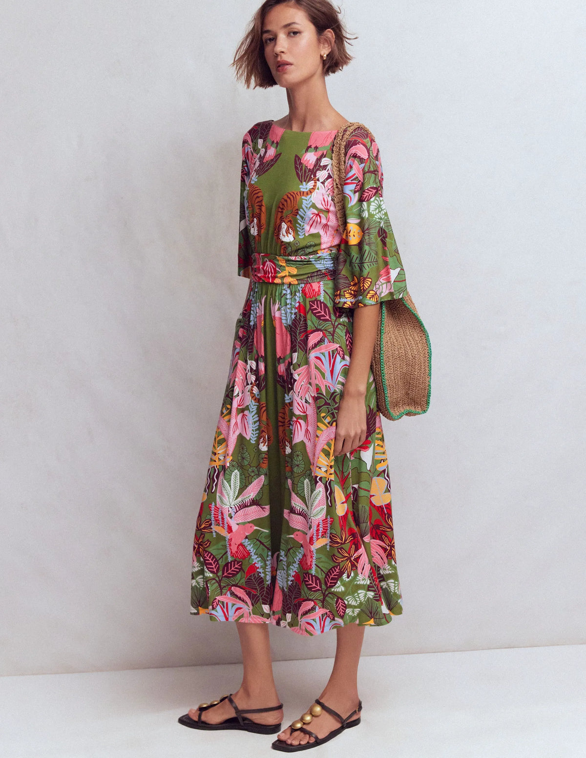 Imelda Kimono Jersey Dress-Olive, Tropical Safari