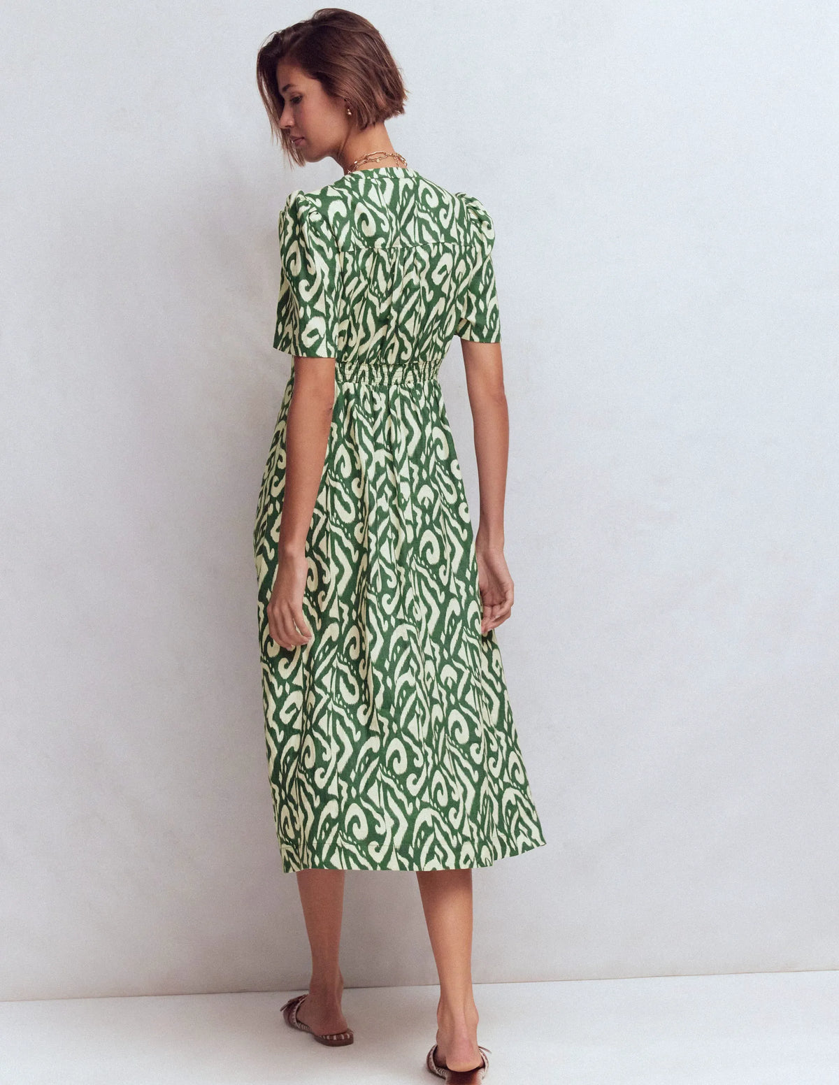 Ivy Button Linen Midi Dress-Hunter Green Ikat