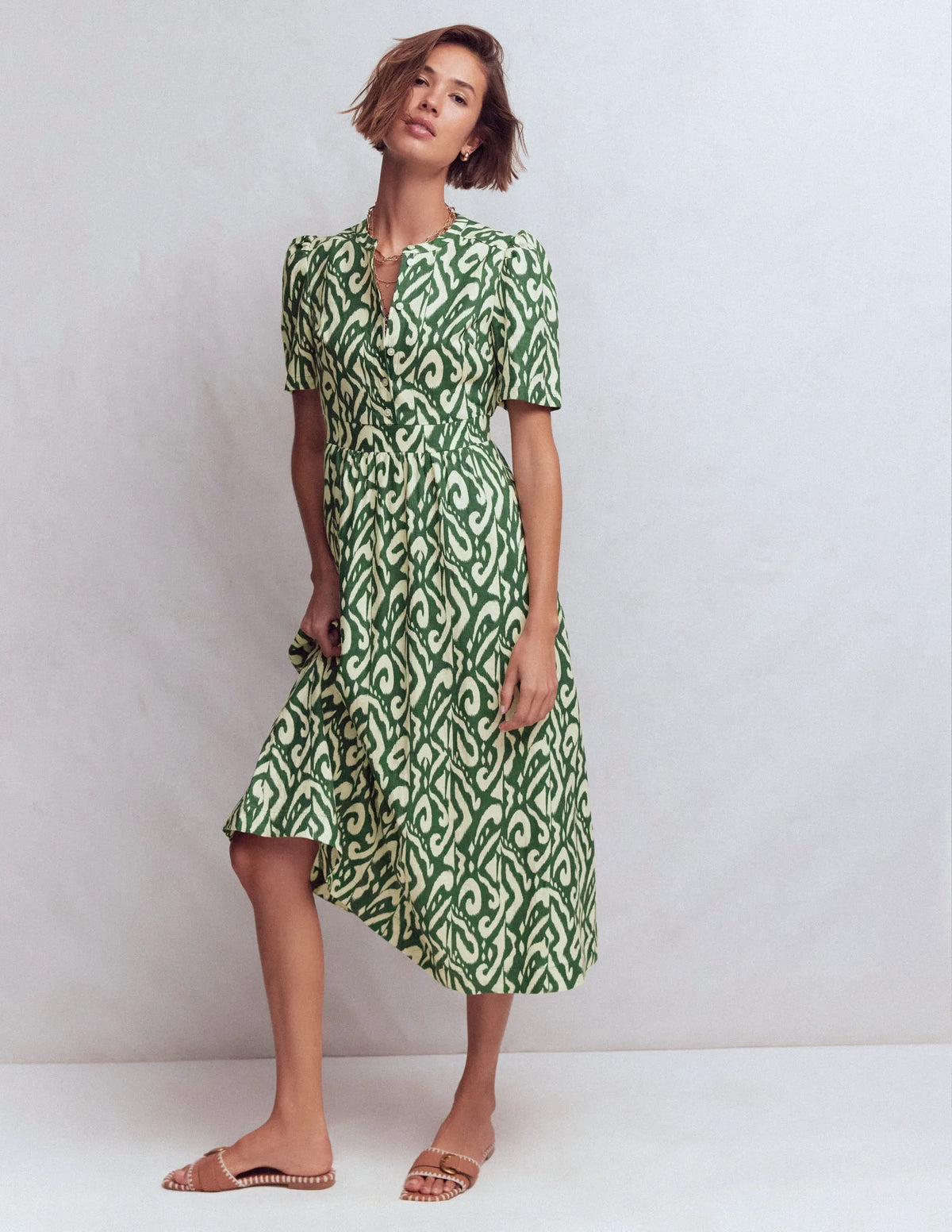 Ivy Button Linen Midi Dress-Hunter Green Ikat