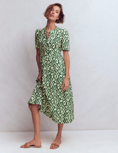 Ivy Button Linen Midi Dress-Hunter Green Ikat