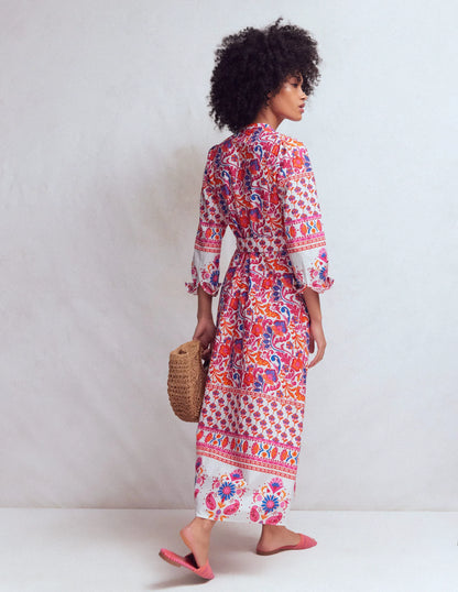 Ava Cotton Midi Dress-Pink Flourishing Meadow Border