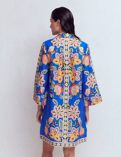 Carmen Linen Short Dress-Blue Blossom Elegance