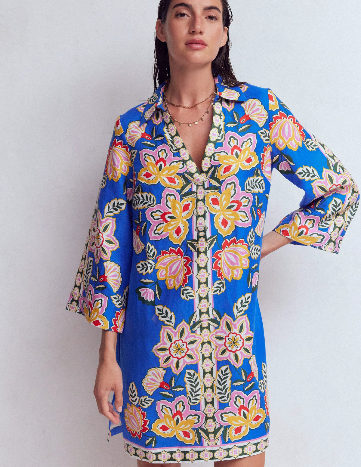 Carmen Linen Short Dress-Blue Blossom Elegance