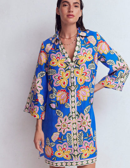 Carmen Linen Short Dress-Blue Blossom Elegance