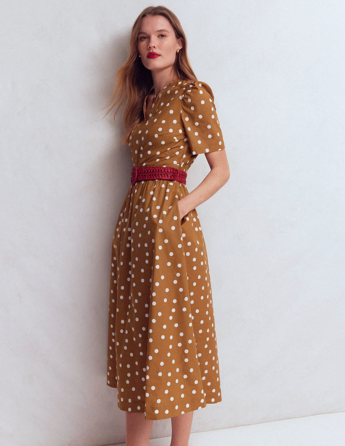 Ivy Button Cotton Midi Dress-Brown Painted Dot Spaced