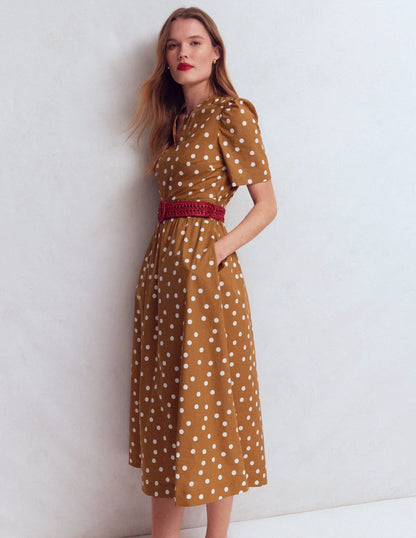 Ivy Button Cotton Midi Dress-Brown Painted Dot Spaced