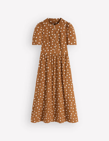 Ivy Button Cotton Midi Dress-Brown Painted Dot Spaced