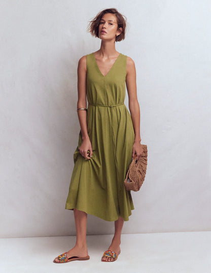 Mia V-neck Jersey Midi Dress-Olive