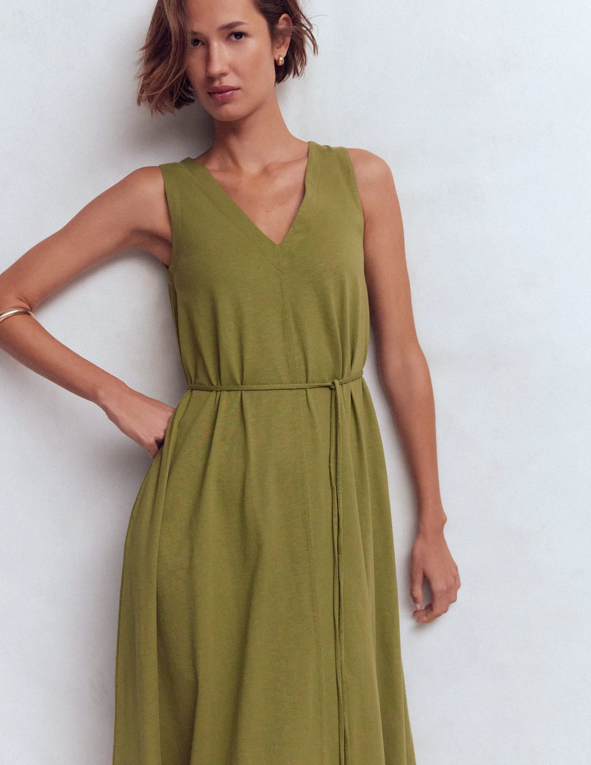 Mia V-neck Jersey Midi Dress-Olive