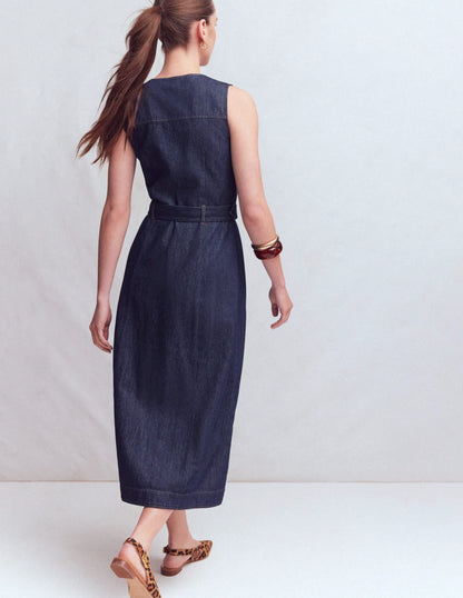 Gold Button Denim Midi Dress-Indigo