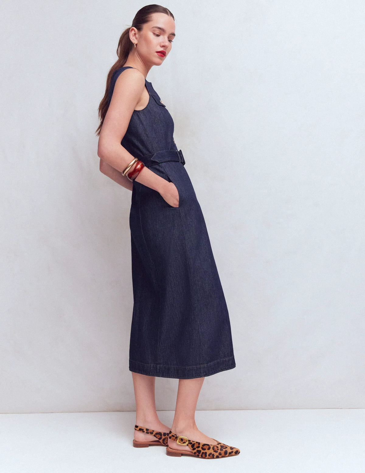 Gold Button Denim Midi Dress-Indigo