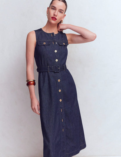 Gold Button Denim Midi Dress-Indigo