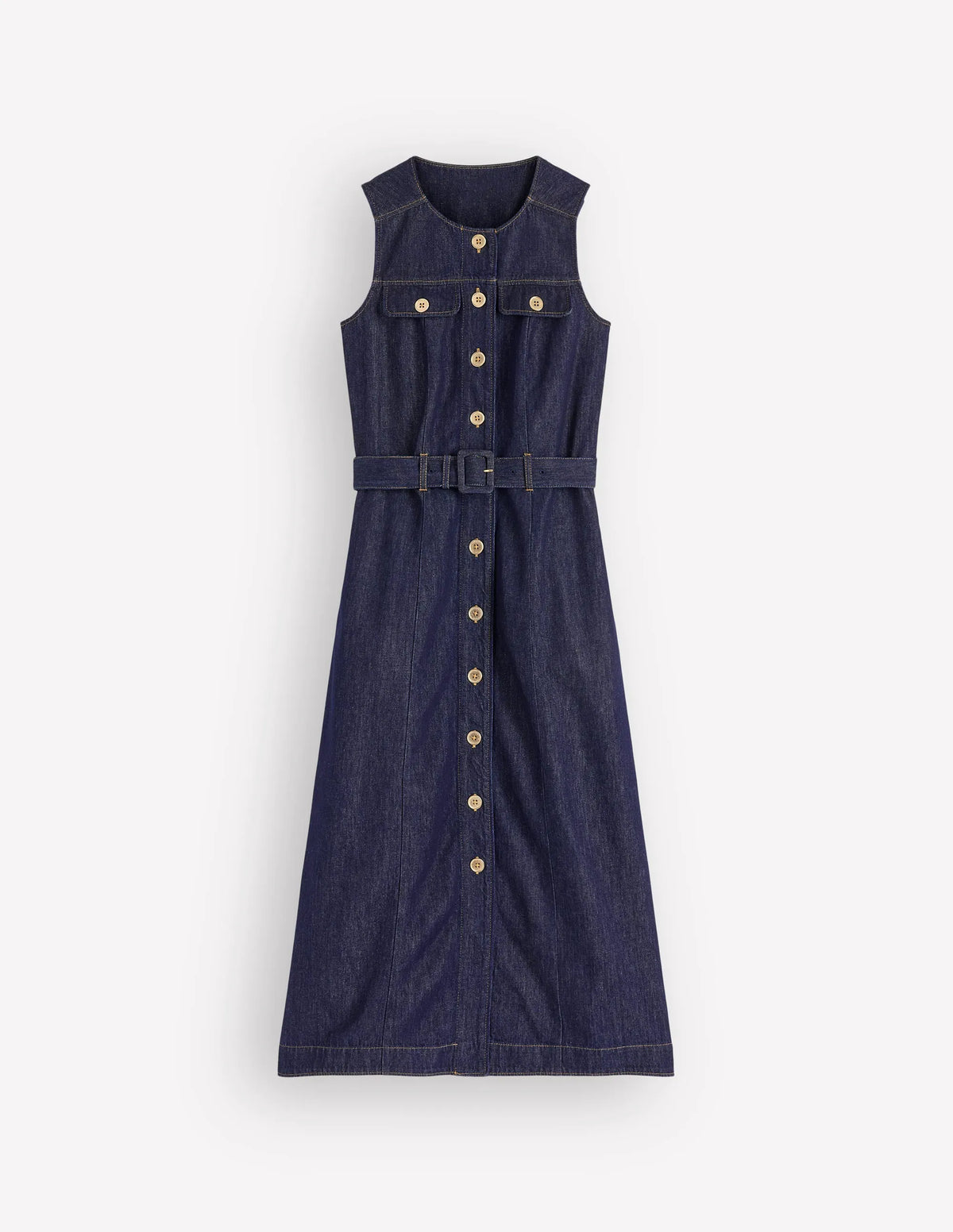 Gold Button Denim Midi Dress-Indigo