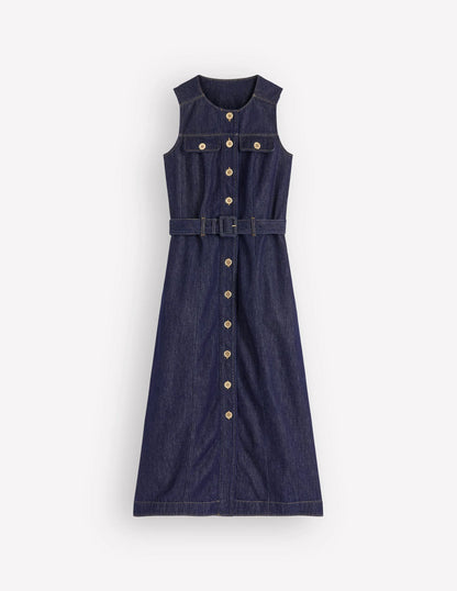 Gold Button Denim Midi Dress-Indigo