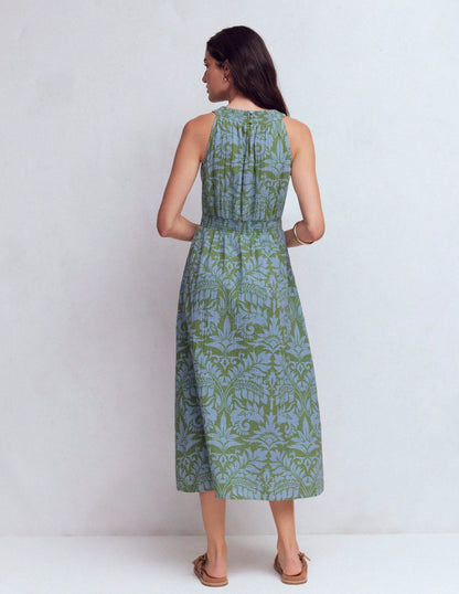 Daphne Double Cloth Dress-Green Ornamental Foliage