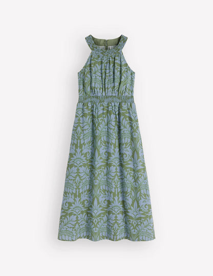 Daphne Double Cloth Dress-Green Ornamental Foliage