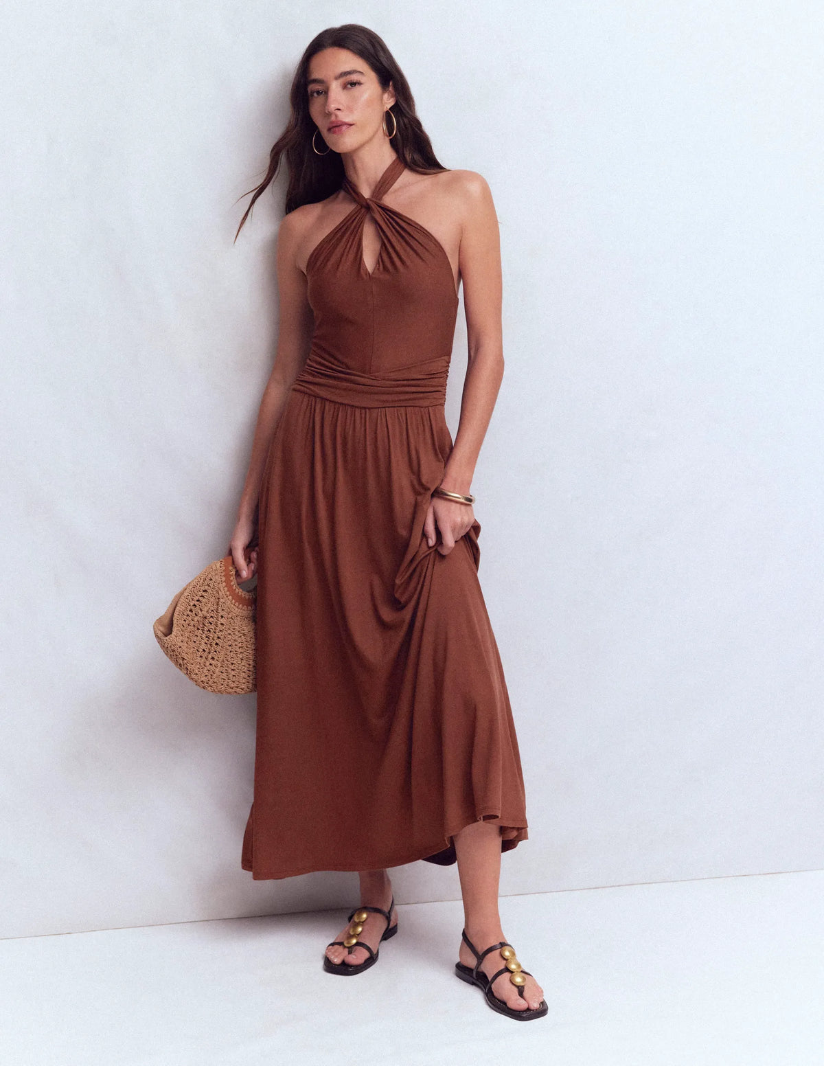 Sydney Twist Neck Jersey Dress-Bitter Chocolate