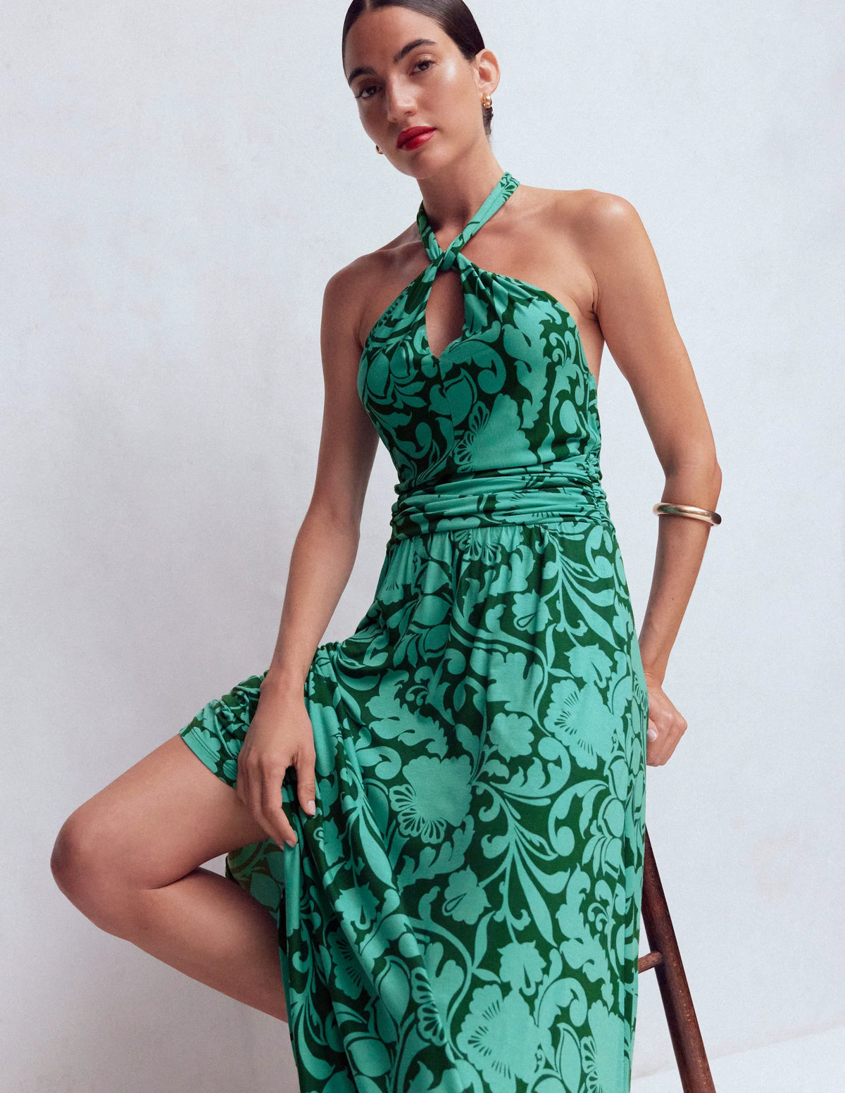 Sydney Twist Neck Jersey Dress-Green, Flourishing Meadow