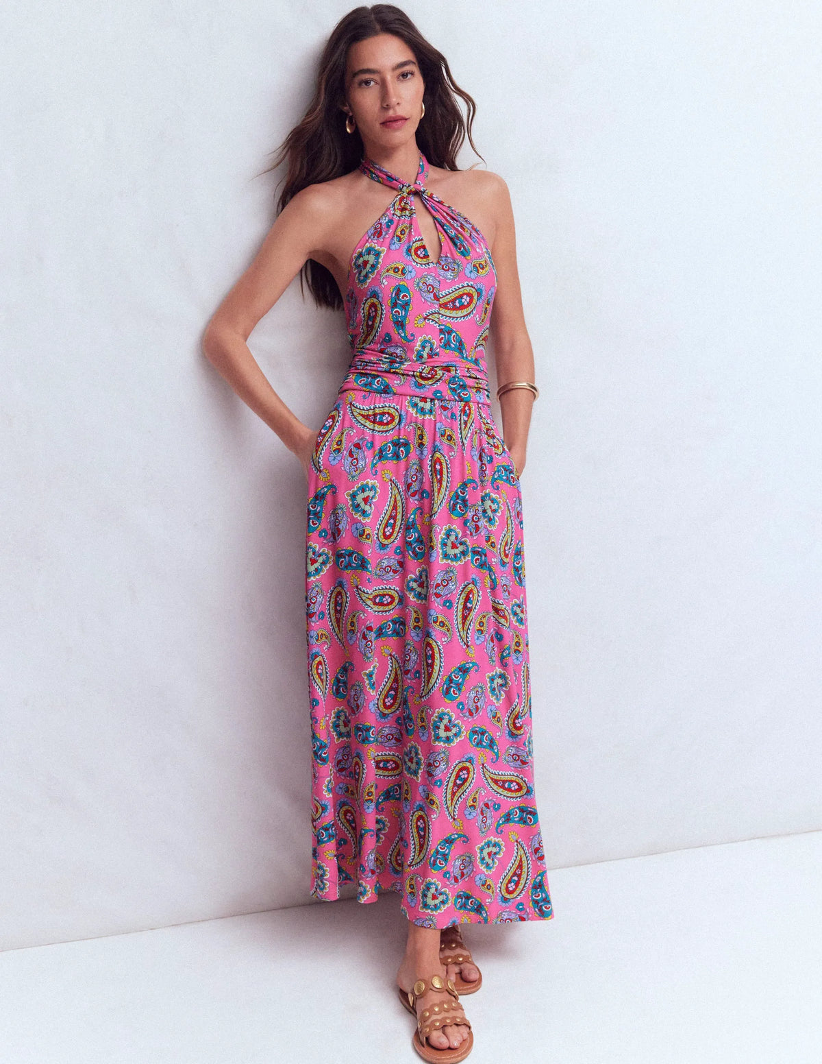 Sydney Twist Neck Jersey Dress-Brillant Pink, Radiant Paisley