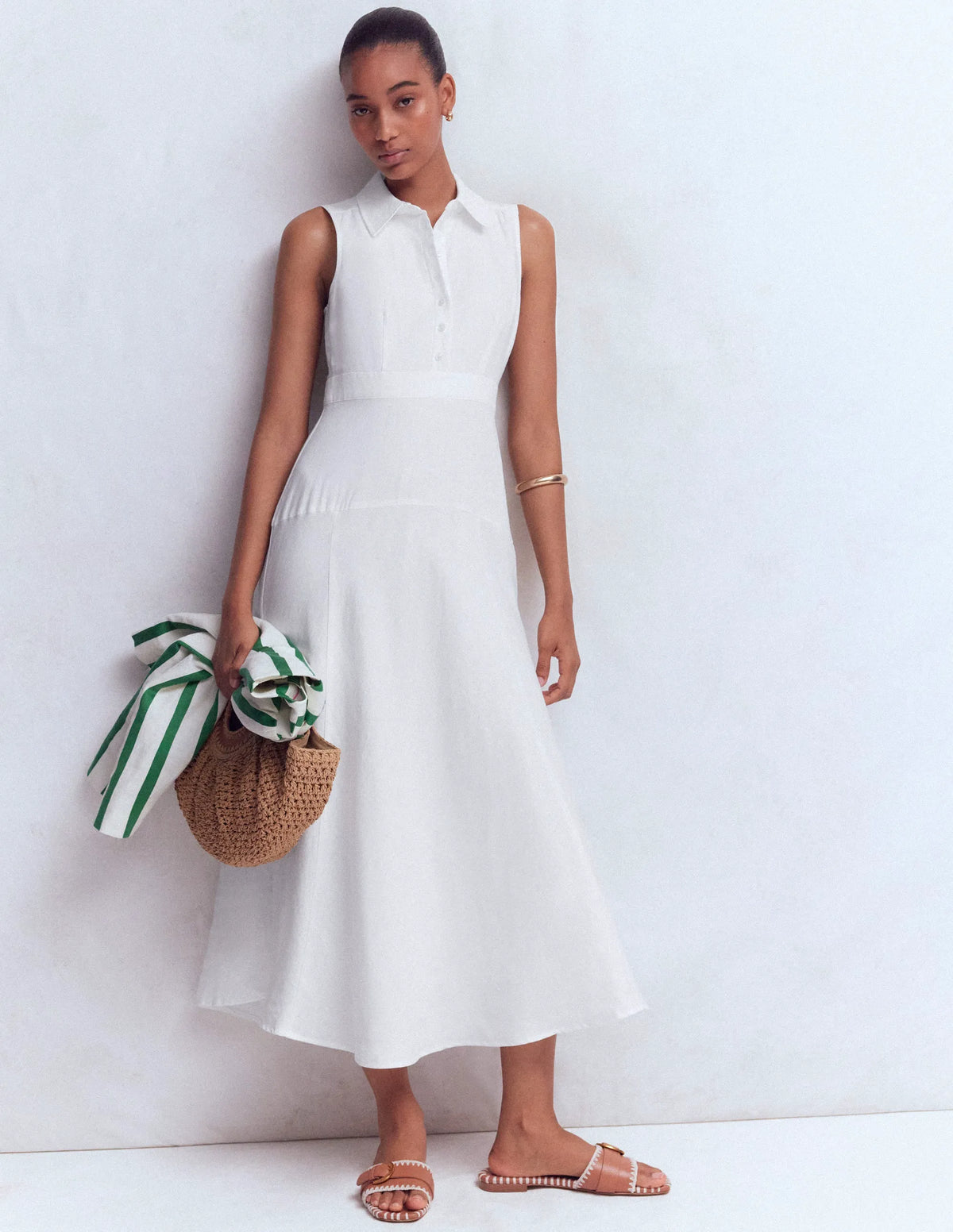 Erma Drop Waist Linen Dress-White