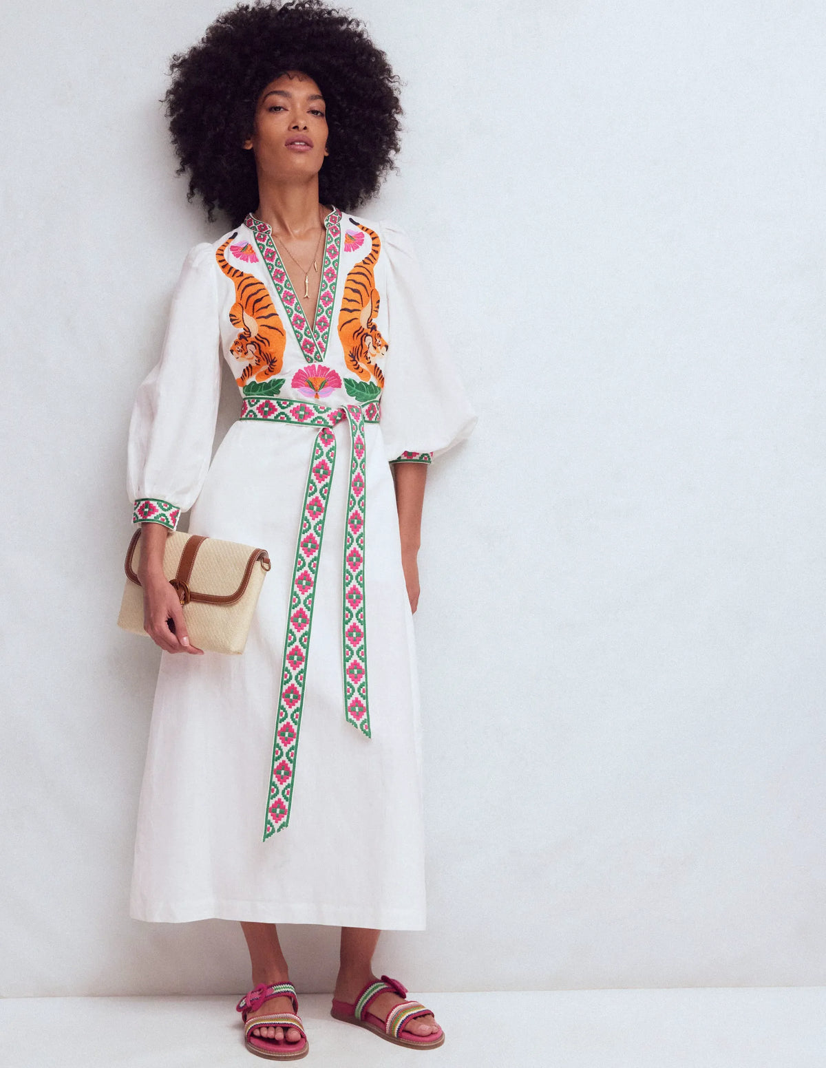 Octavia Linen Blend Dress-Tiger Embroidery