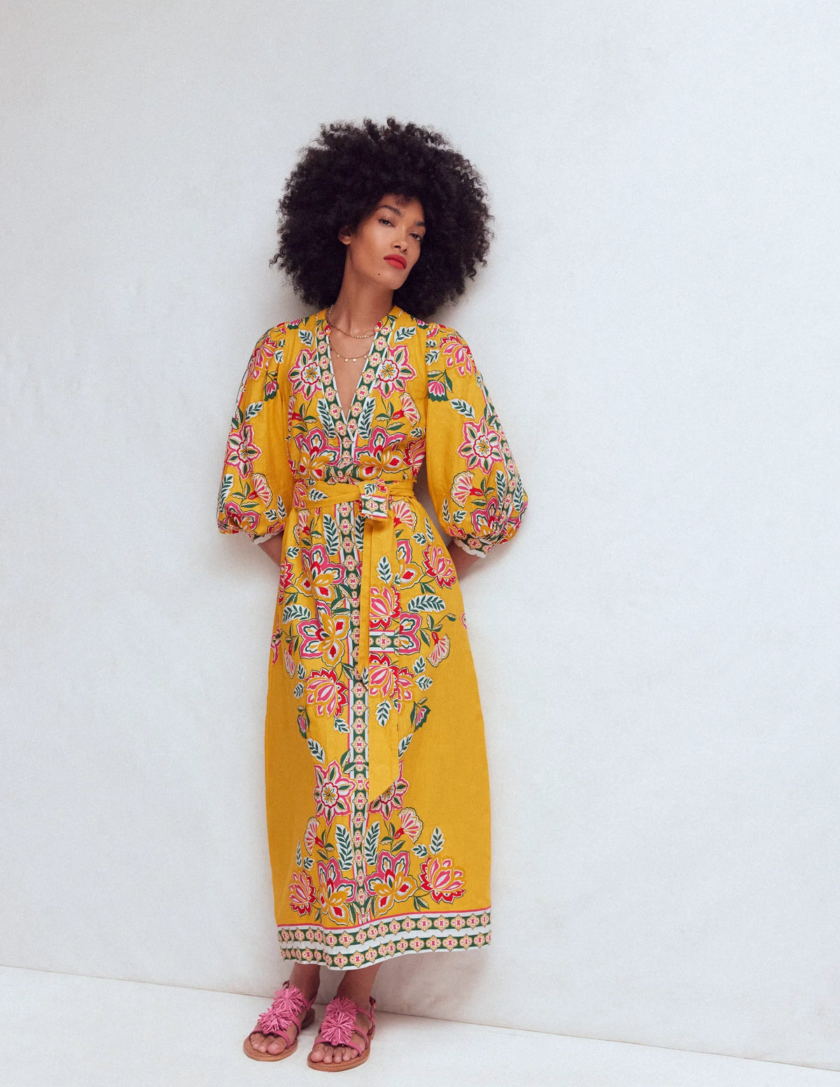 Octavia Linen Blend Dress-Yellow Blossom Elegance