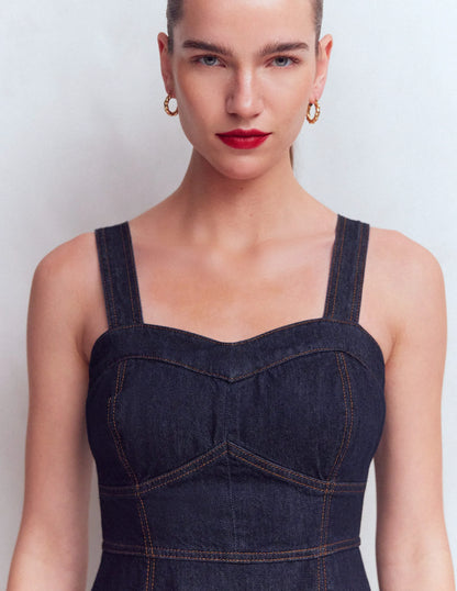 Panelled Bodice Denim Dress-Indigo