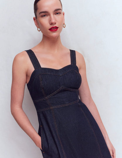 Panelled Bodice Denim Dress-Indigo