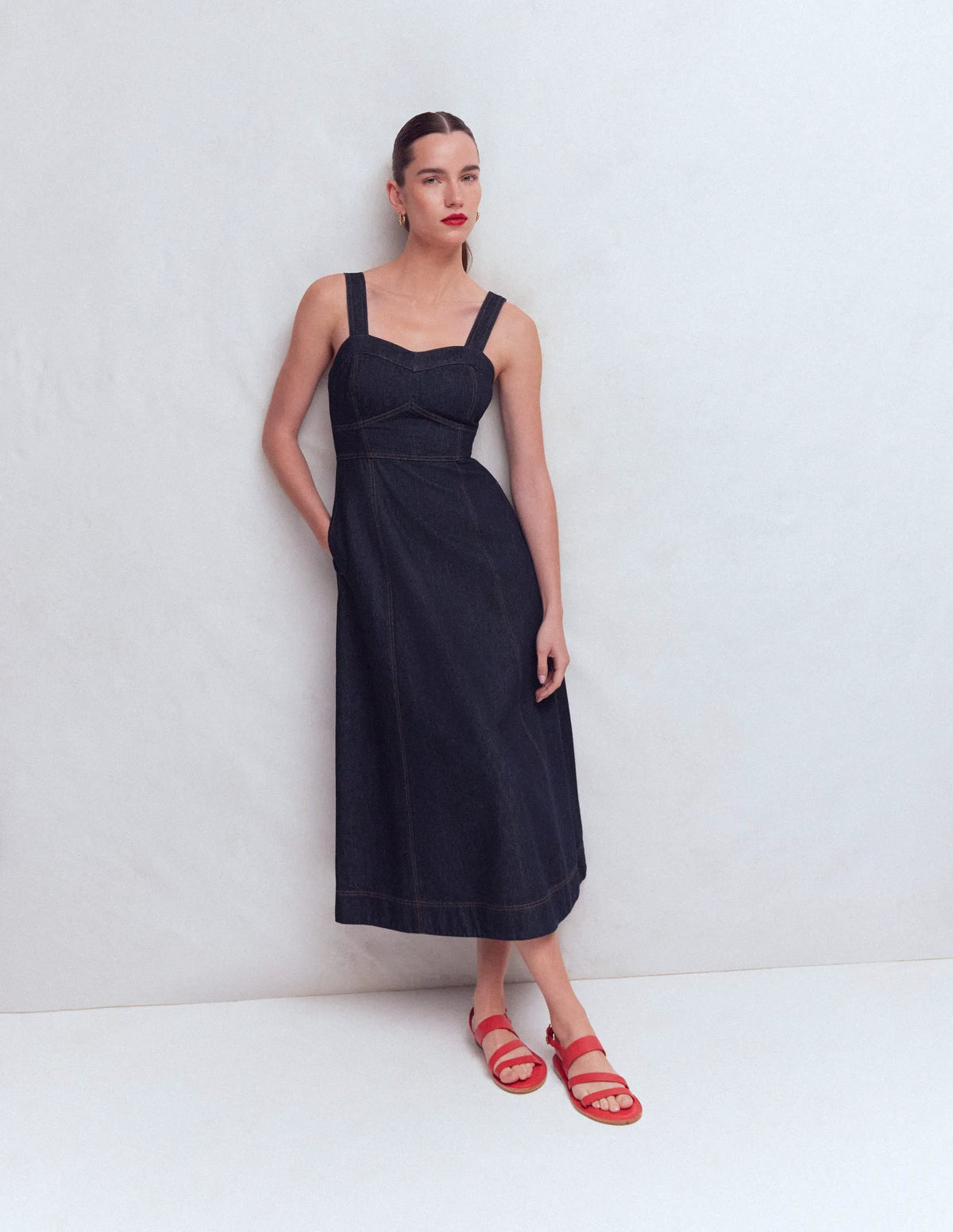 Panelled Bodice Denim Dress-Indigo