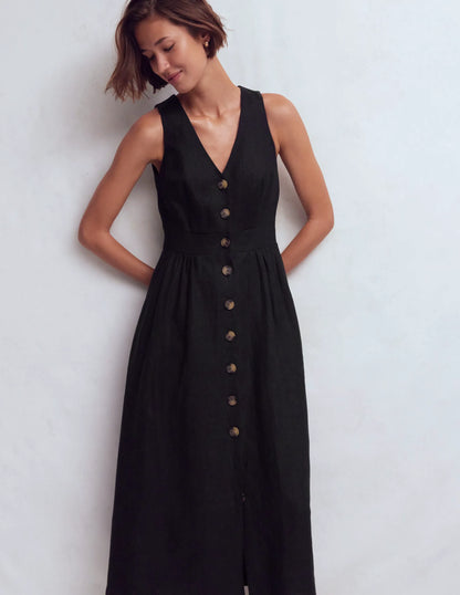 Catherine Button Linen Dress-Black