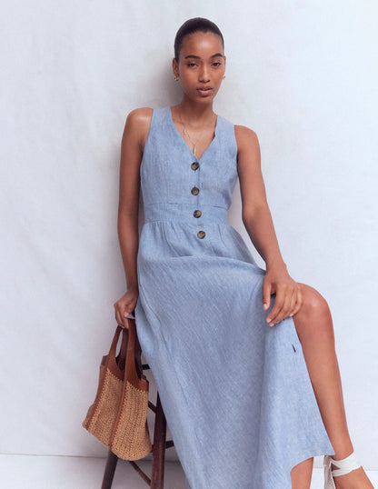 Catherine Button Linen Dress-Chambray