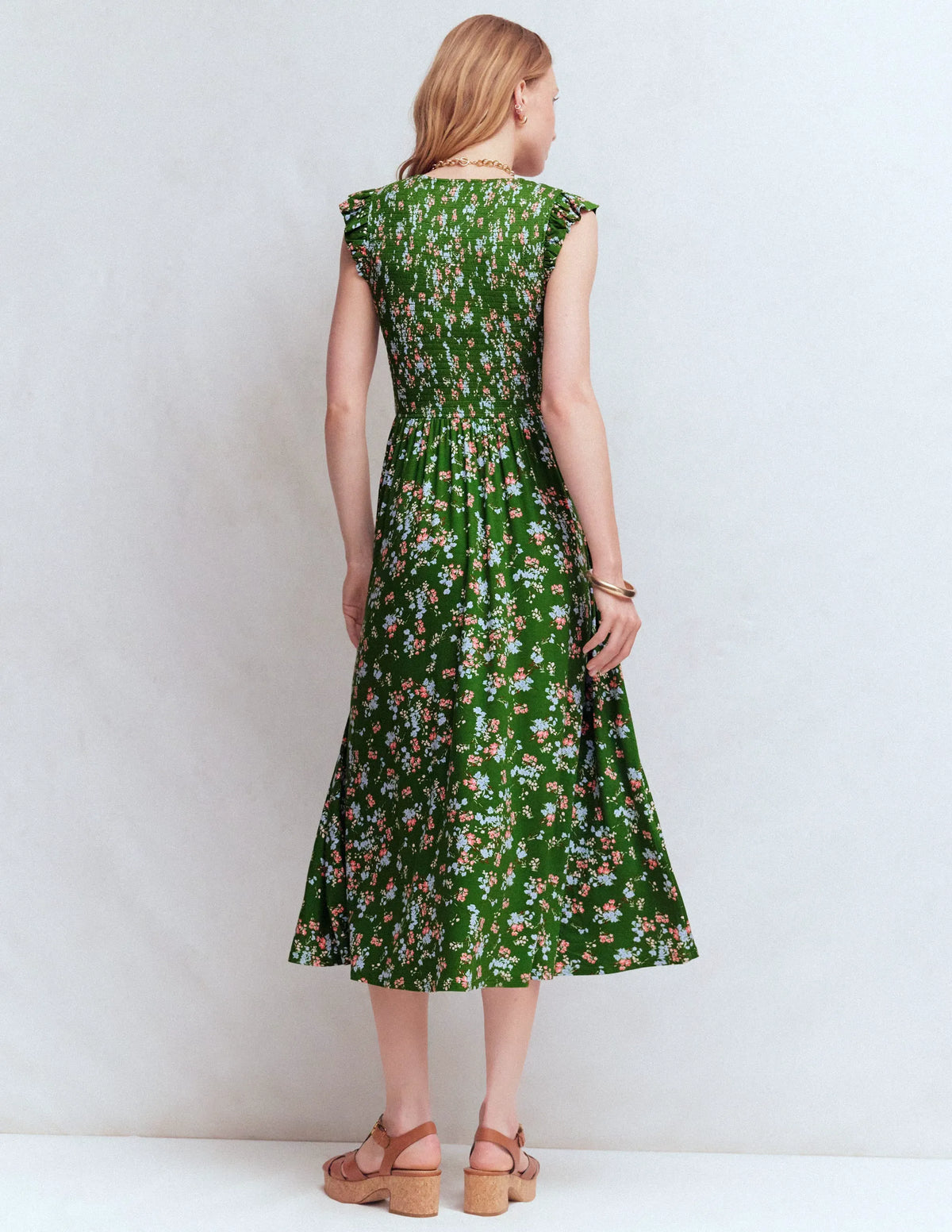 Smocked Jersey Midi Dress-Promenade Green, Bloom Scatter