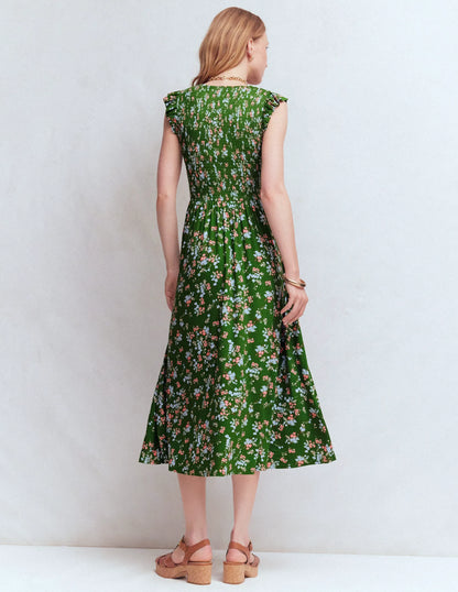 Smocked Jersey Midi Dress-Promenade Green, Bloom Scatter