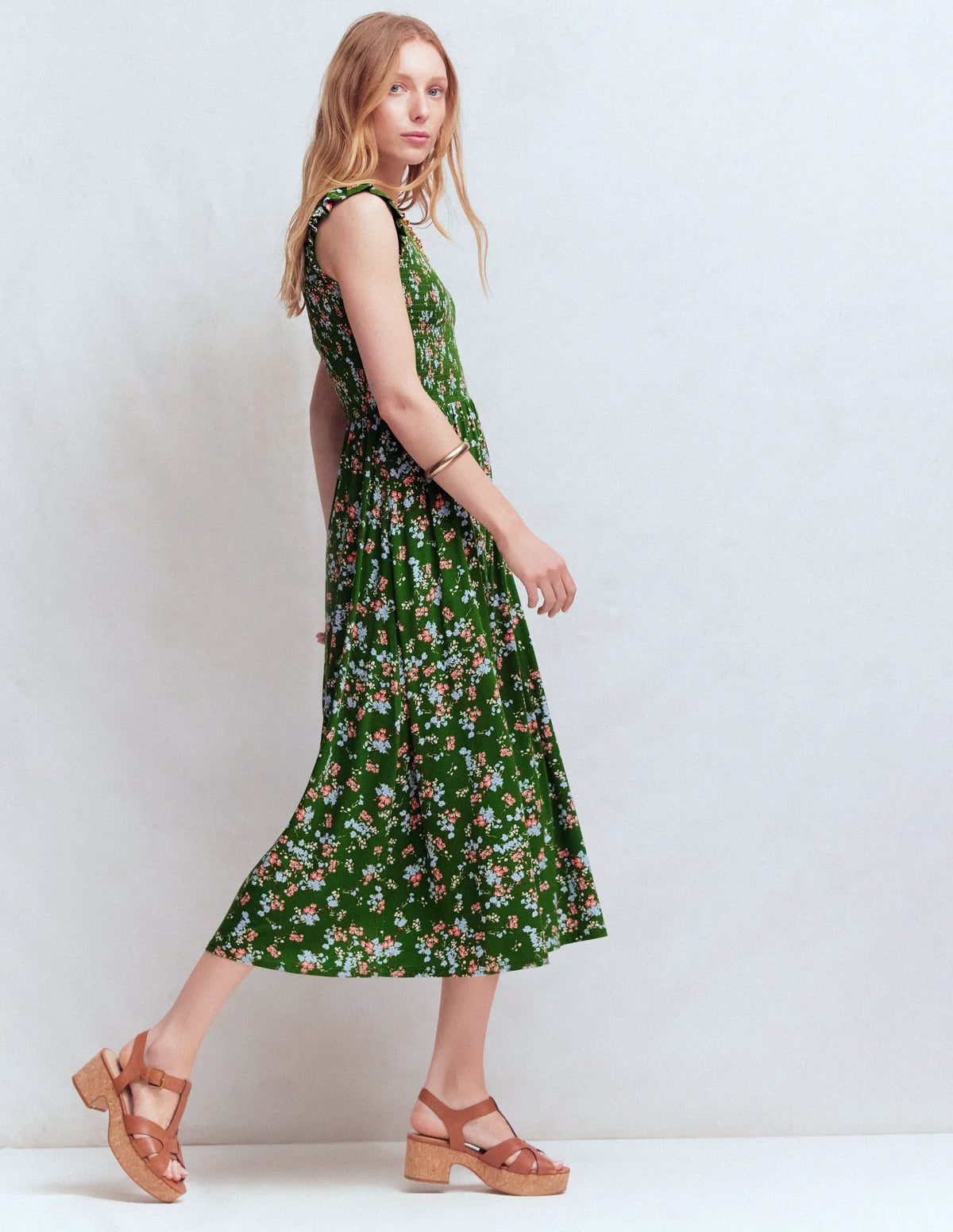 Smocked Jersey Midi Dress-Promenade Green, Bloom Scatter
