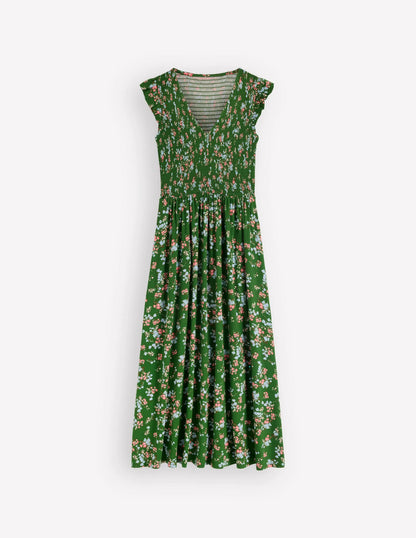 Smocked Jersey Midi Dress-Promenade Green, Bloom Scatter