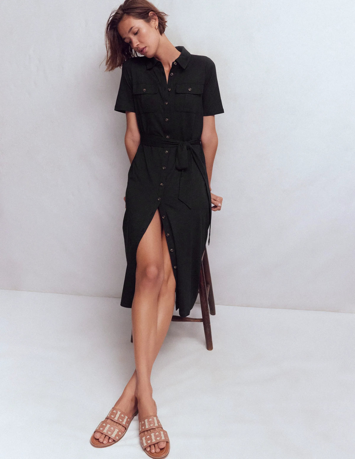 Mavis Midi Jersey Shirt Dress-Black