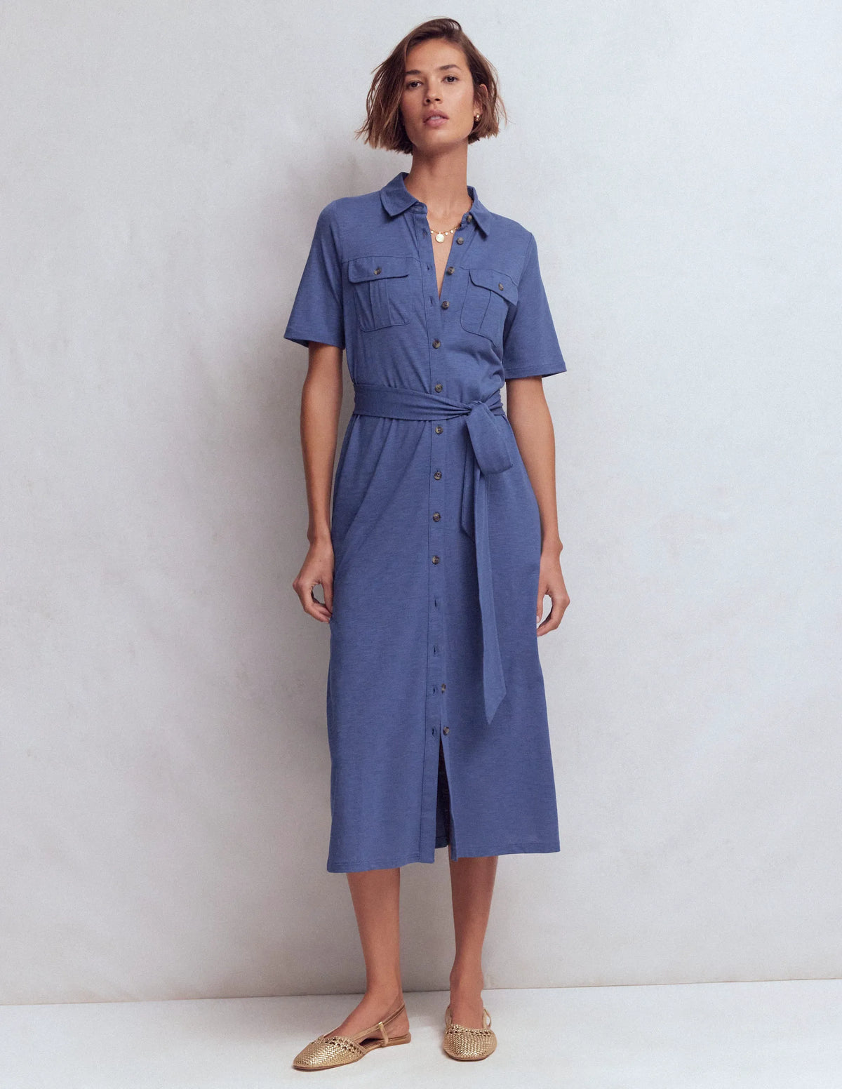 Mavis Midi Jersey Shirt Dress-Denim Blue