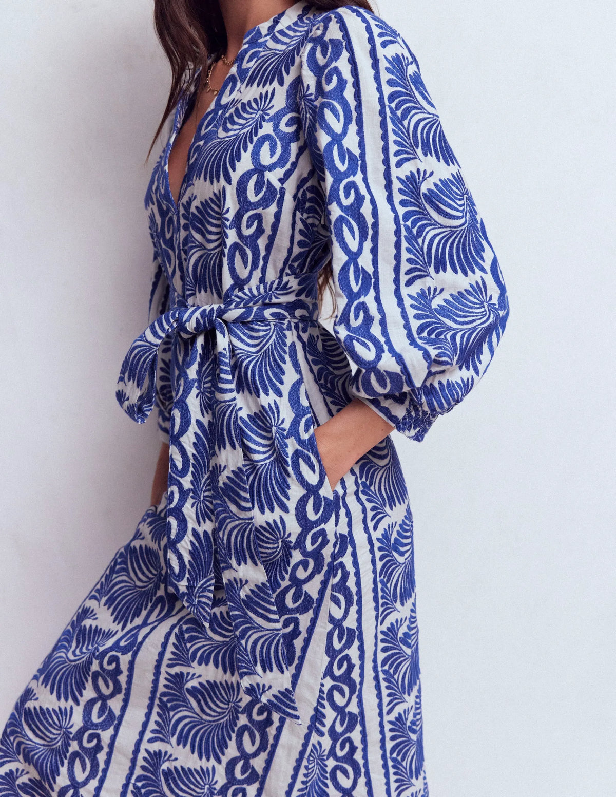 Octavia Cotton Dress-Blue Ivory Embroidery