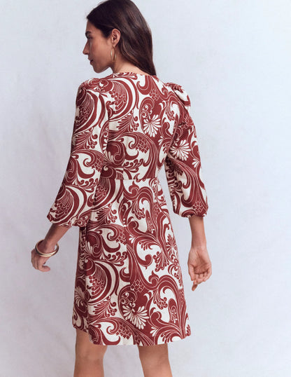 Marla Linen Blend Short Dress-Brown, Foliage Whirl