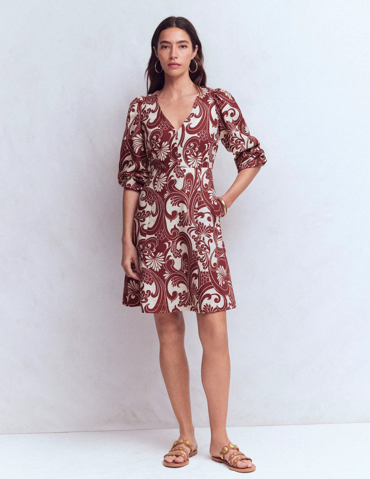 Marla Linen Blend Short Dress-Brown, Foliage Whirl