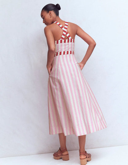 Cross-back Linen Blend Dress-Orchid Pink Stripe