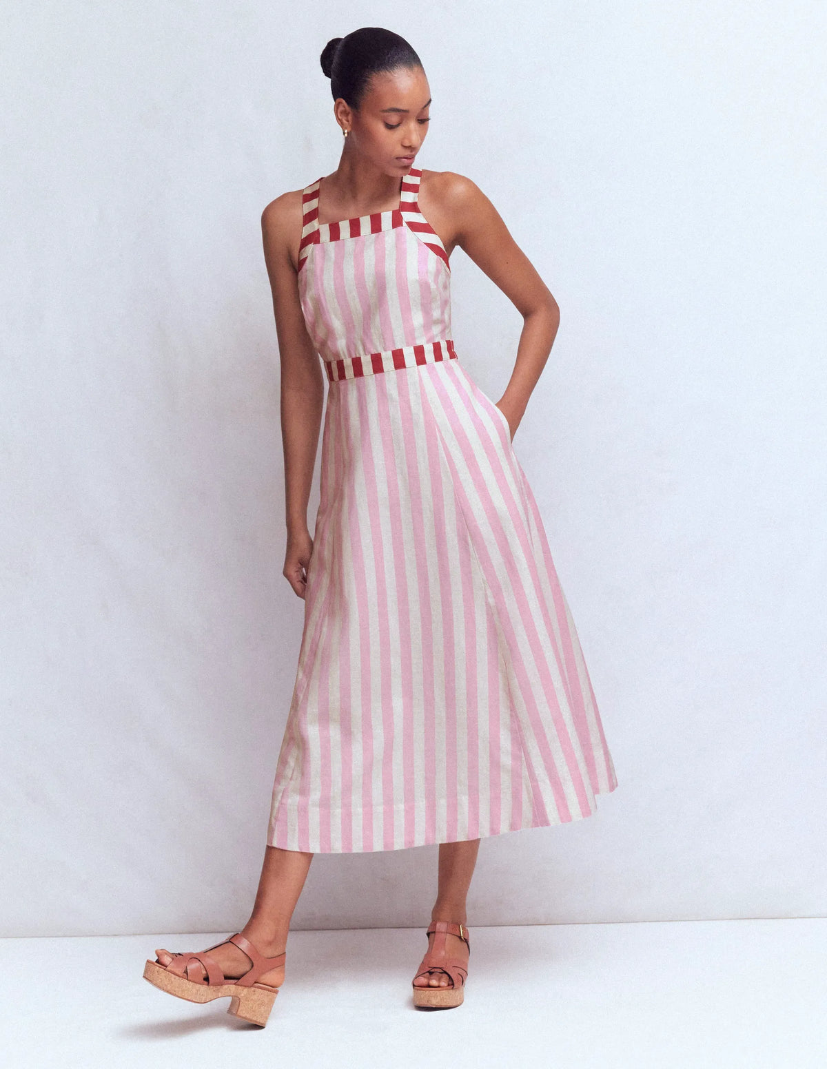 Cross-back Linen Blend Dress-Orchid Pink Stripe