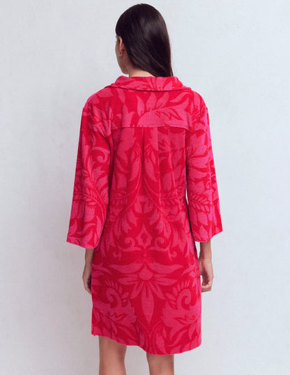 Short Collared Towelling Dress-Merida Red, Ornamental Foliage